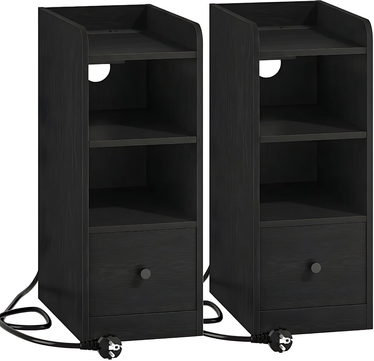 Happiq Nachtkastjes Set van 2 – Voor Slaapkamer – Bijzettafel met Oplaadstation, USB & Type-C Aansluiting, 3 Opbergniveaus en 1 Lade – Zwart Black