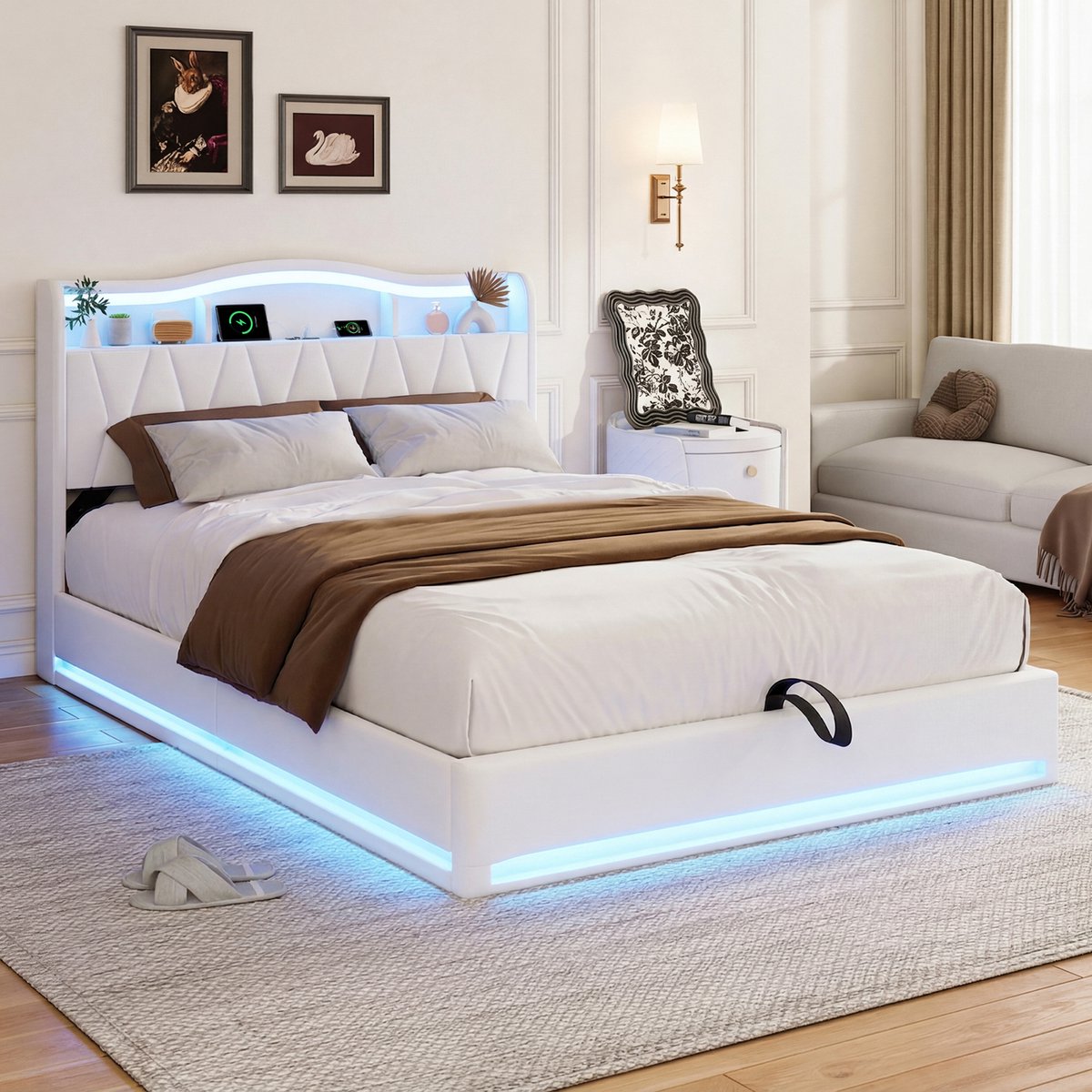 Solvenrik Opbergbed 140x200 Beige Velvet – met LED, USB-C & Draadloos Opladen