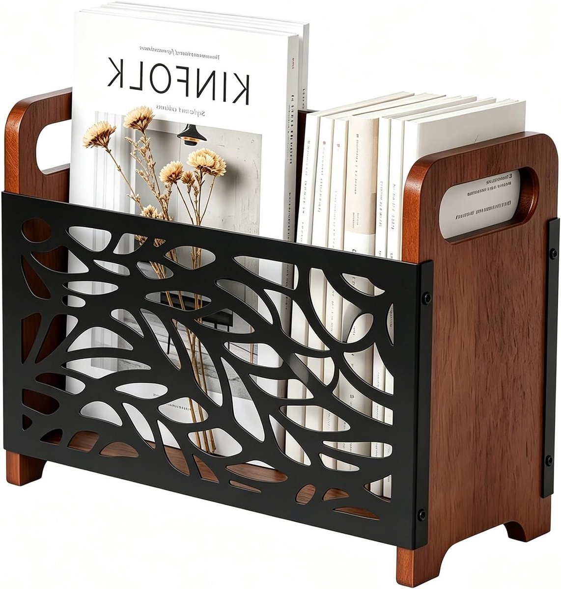 Houten krantenstandaard en tijdschriftenhouder met handvat, multifunctionele opbergmand voor kantoor en thuis, 33 x 24 x 13 cm (zwart)