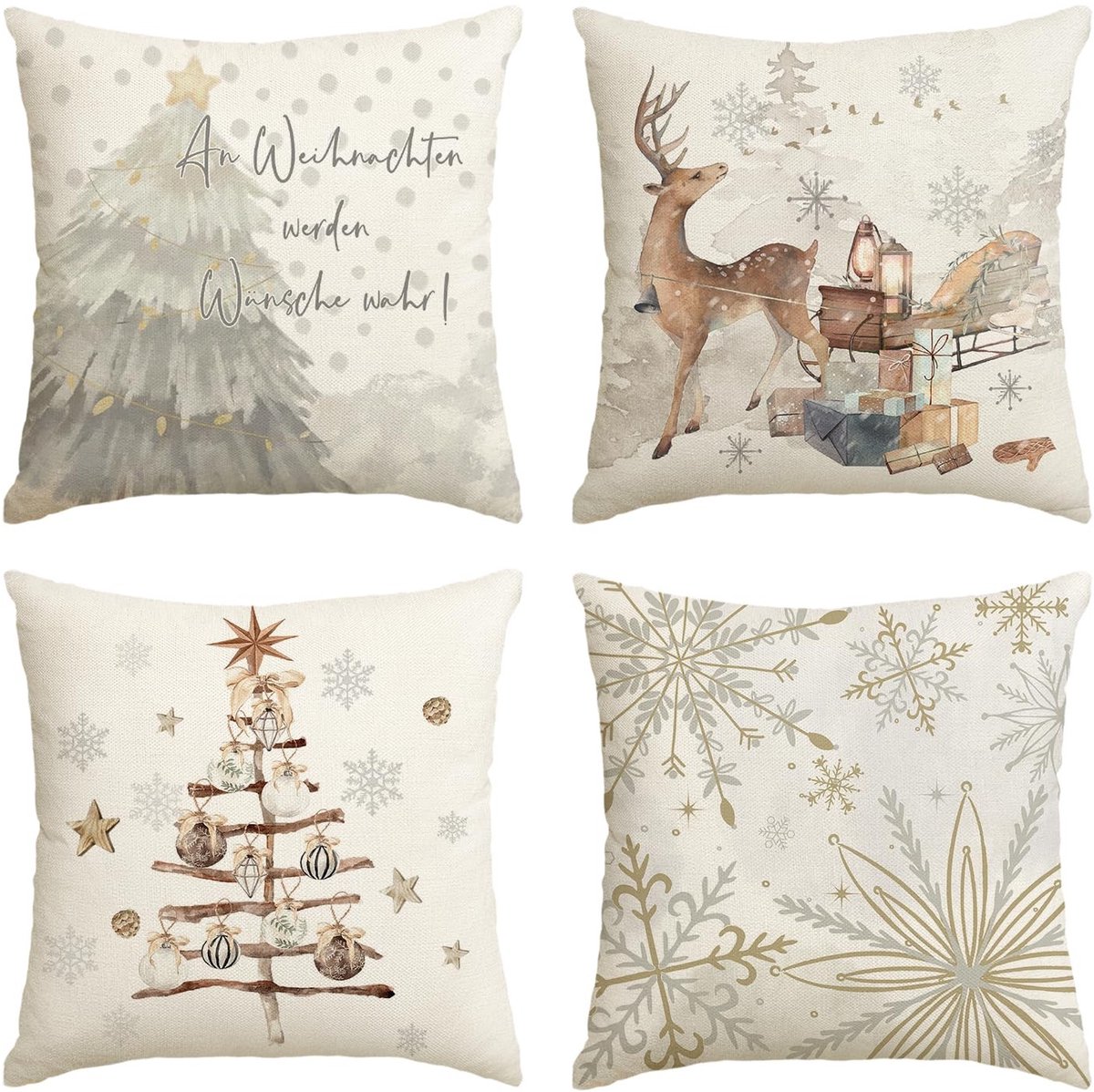 Innovra - Dailygoods - Dailygoody - Sneeuwvlokken en Kerstdecoratie - Decoratieve Kussensloop Set - 40 x 40 cm - Winterster - Kussens voor Woonkamer en Slaapkamer - Beige