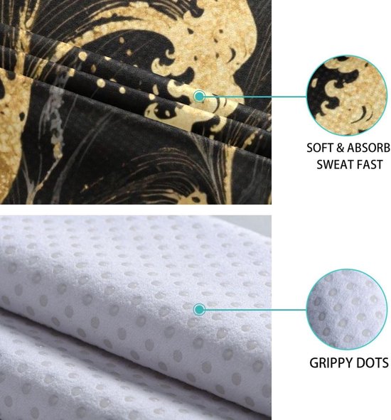 Yoga Handdoek - Mat Deken - Zweet Absorberen - Antislip Onderkant - 185 x 68 cm - Zwart Goud Golven — afbeelding 5