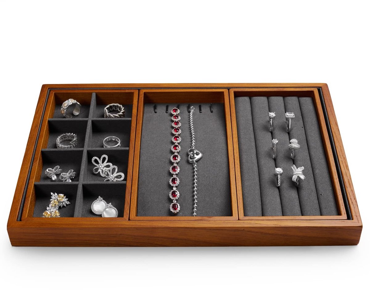 Innovra - Stapelbaar Houten Sieradendienblad - Sieraden Organizer - Grijs - 4 Compartimenten - Vlekbestendig - Geschikt voor Dames