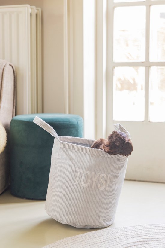 Un chiot brun dort dans un panier de rangement gris en velours côtelé avec "TOYS!" dessus.