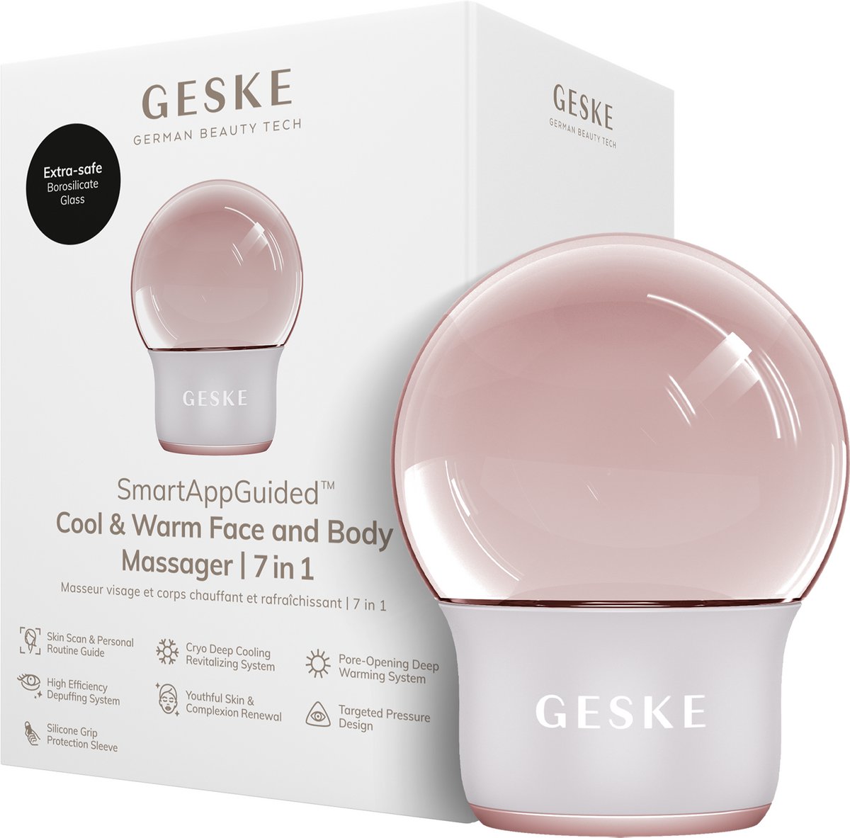 GESKE SmartAppGuided™ Cool & Warm Face & Body Massager | 7 in 1 | Multifunctioneel massageapparaat | Gezicht & Lichaam | Batterijloos koelen en warmen | Verstevigt en ontspant | Bolvormig