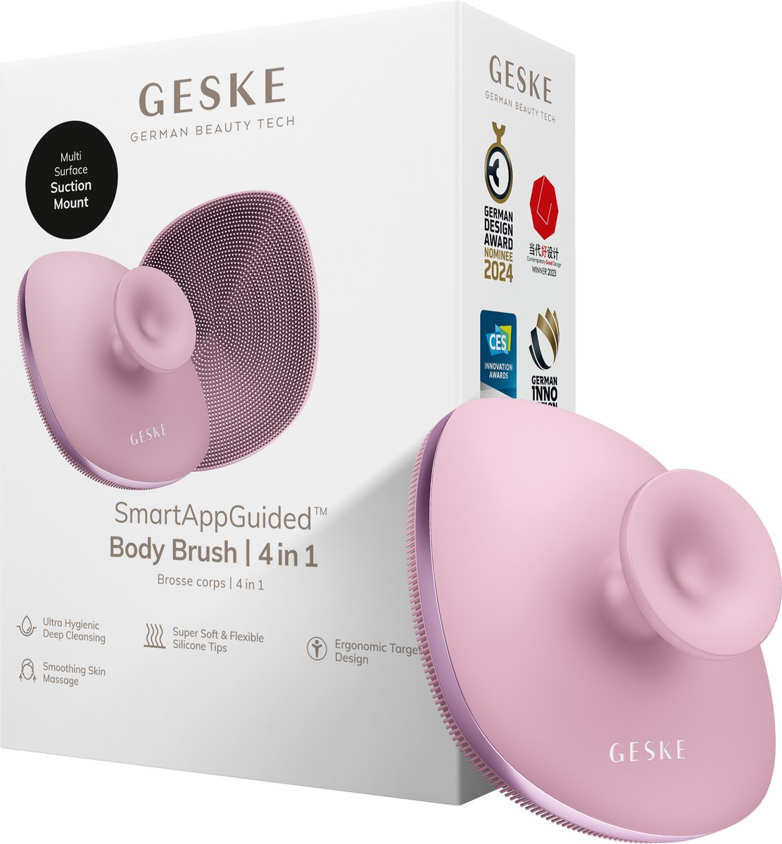 GESKE Body Brush | 4 in 1 | Ontwerp met metalen ring | Reinigingsborstel voor het hele lichaam | Dieptereiniging | Zachte siliconen borstelharen | Ergonomisch ontwerp met twee vingers
