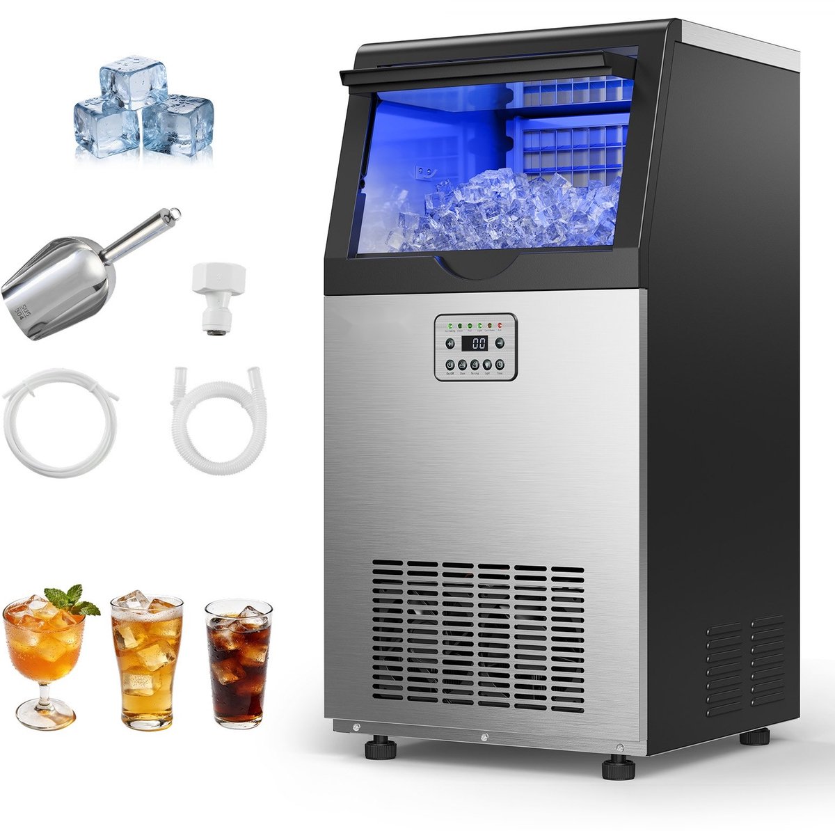 IJsblokjesmachine - Professionele IJsmaker - Capaciteit 45 kg/24 uur - Opslag 14 kg - RVS Behuizing - LED-display - Zelfreiniging - Voor Horeca