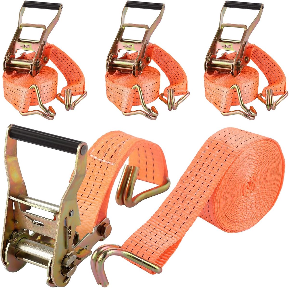 4 Pieces Lashing Straps 3 kg met Spring 6 m x 50 mm - Oranje Tie Down Straps met Hooks - Lashing Straps voor Trailer - Motorfiets - Auto - Goederen