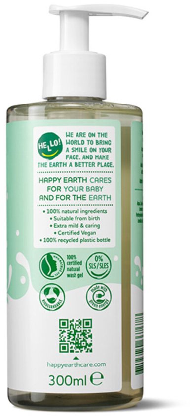 Achterkant van een lichtgroene fles met pompje, Happy Earth Baby & Kids Wash & Bath Gel, met tekst over 100% natuurlijke ingrediënten.