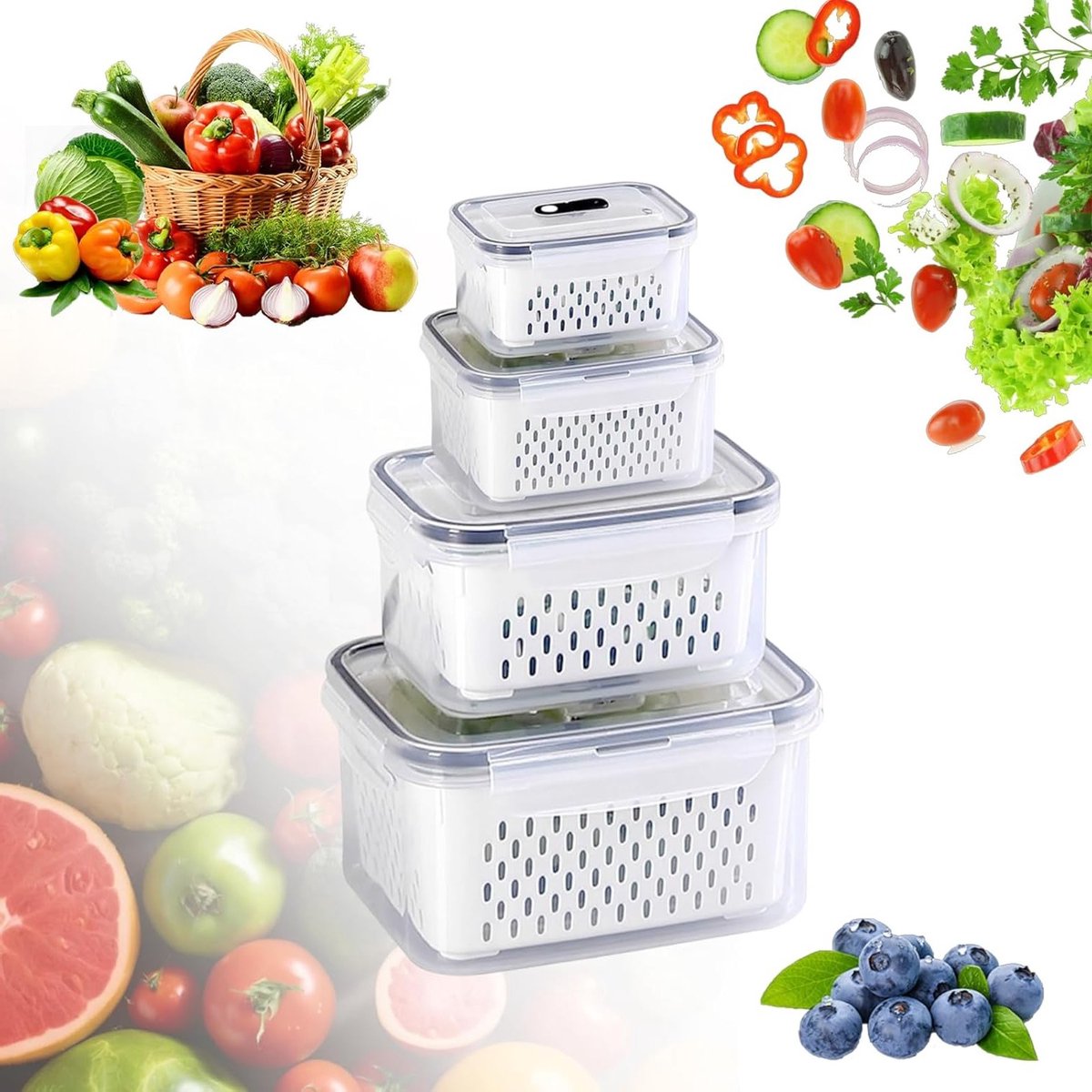 Set van 4 voedselopslagcontainers met deksel, koelkastorganiser met schotelrooster voor luchtdichte, lekvrije opslag van fruit, groenten en bessen