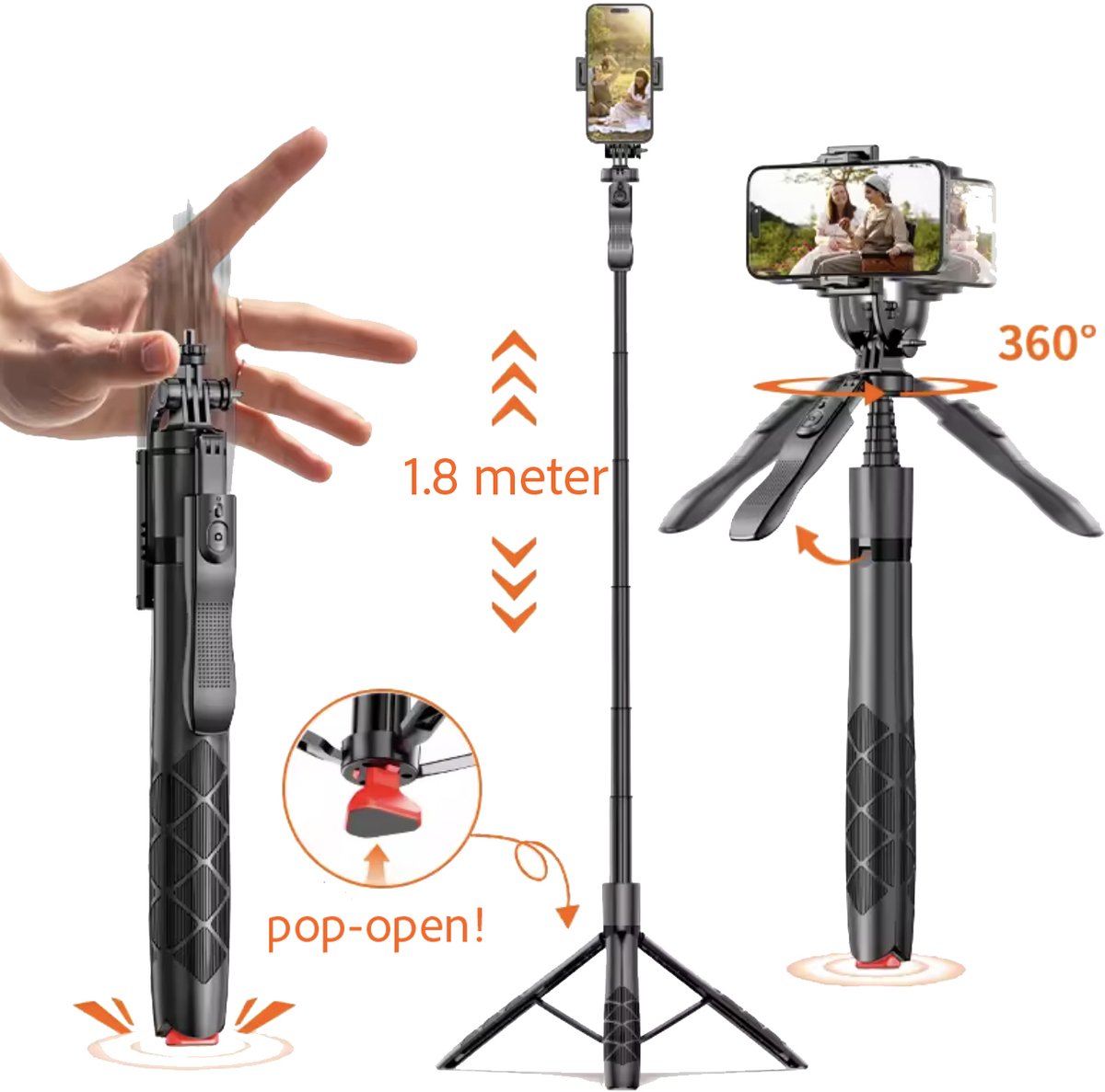 Casemania Auto-open Tripod - Stabilisor - 360° Draaibaar Camera en Telefoon Statief met Bluetooth Afstandsbediening TikTok Vlog Oplaadbaar Stabilizer - Tripod Selfie Stick met Uitneembare Telefoonhouder