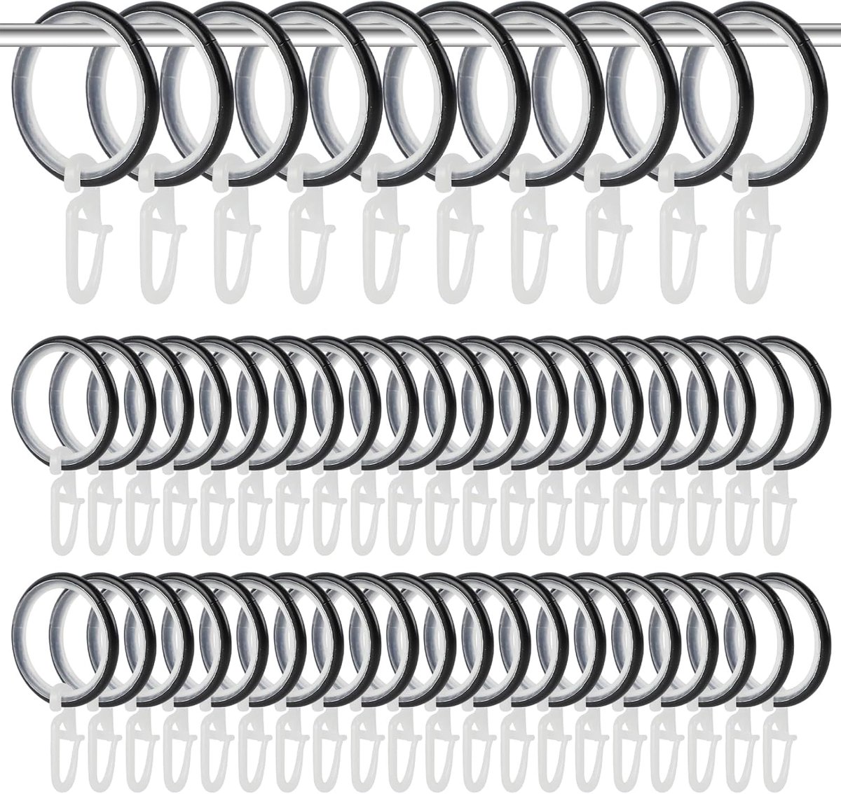 Curtain Rings met Haakjes - 50pcs Metalen Gordijnringen met Haakjes en Geluidsloze Ring - Binnen diameter 30mm - Gordijnringen voor de meeste Gordijnstangen (Zwart)