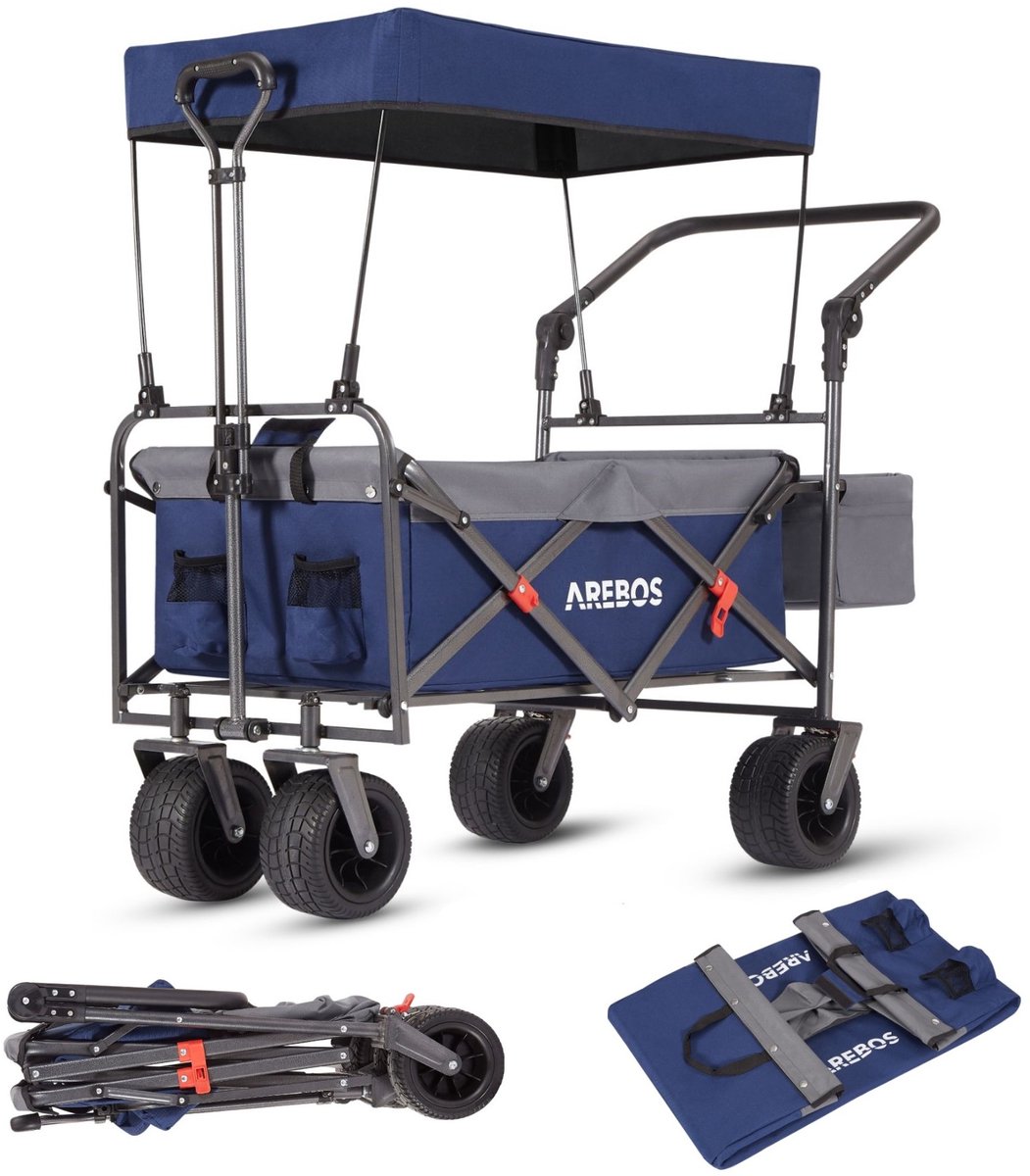 AREBOS Opvouwbare Bolderkar met Dak 100 kg Offroad Wielen XXL Opbergruimte Handkar Camping Strand Festival Blauw Grijs