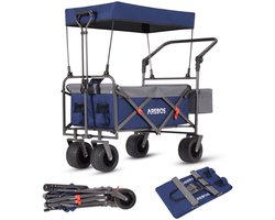 AREBOS Opvouwbare Bolderkar met Dak 100 kg Offroad Wielen XXL Opbergruimte Handkar Camping Strand Festival Blauw Grijs