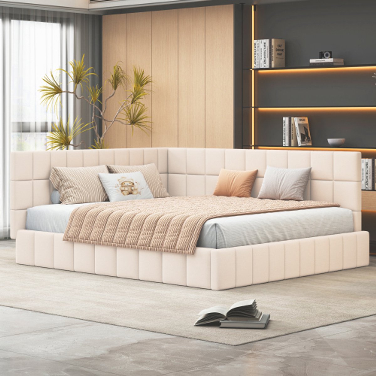 Zubaliya Polsterbett Schlafsofa - 160x200 cm Beige - Samtstoff - Lattenrost - Multifunktionsbett