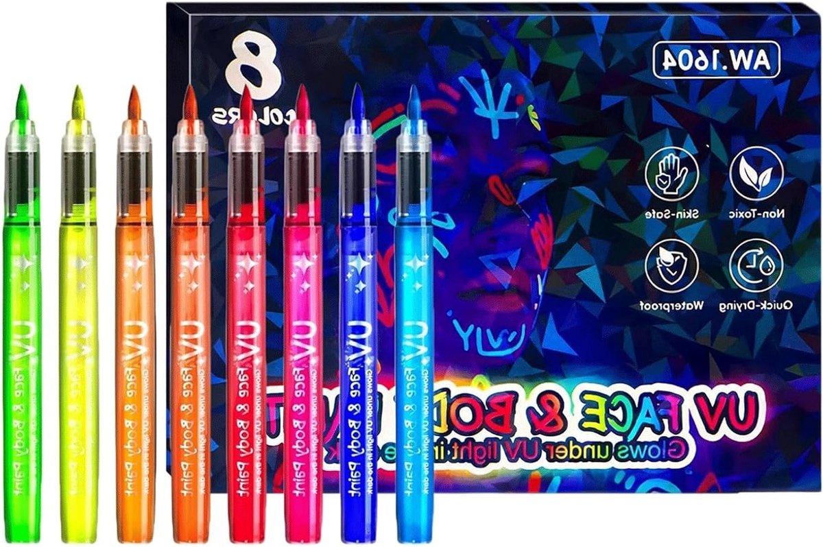 8 Kleuren UV-Blacklight Stiften - Fluorescerende Tattoo Stiften, Glow in the Dark Gezichtsverf en Huidvriendelijke Bodypainting Kleurenset voor Festivals en Feesten