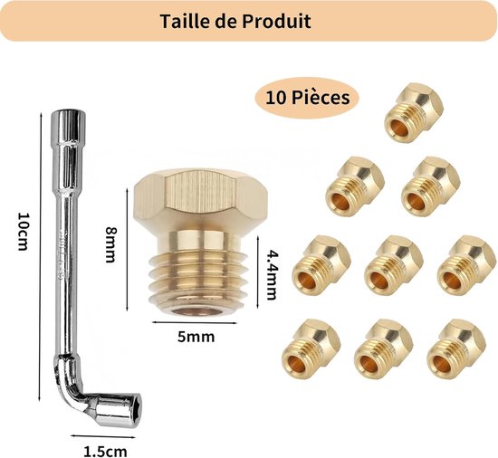 Gouden messing gasmondstuk met schroefdraad, met afmetingen 8 mm x 5 mm, en een L-sleutel van 10 cm. Tien stuks worden getoond.