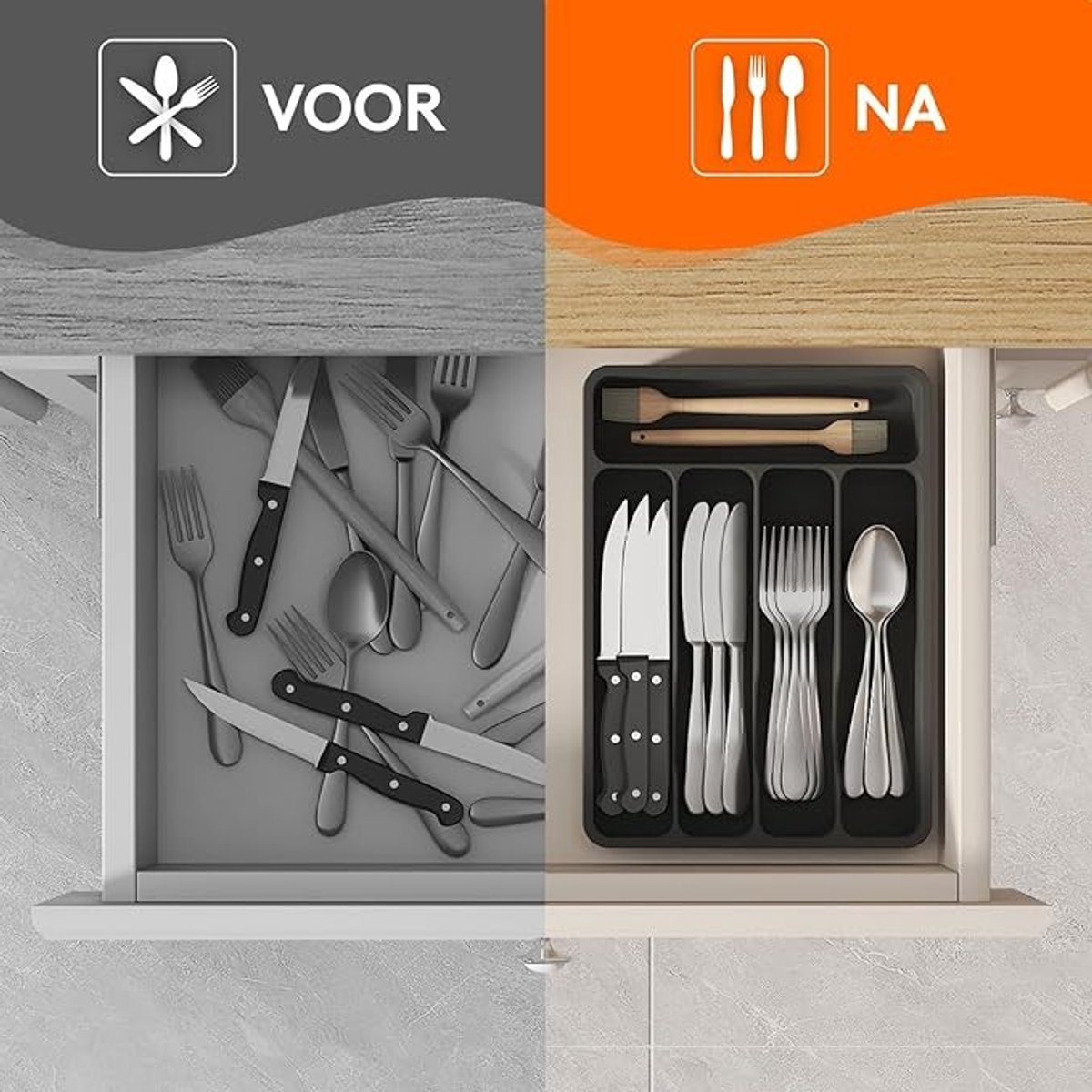Besteklade Organizer 5 Vakken - Compacte Keuken Lade Indeling - Zwart