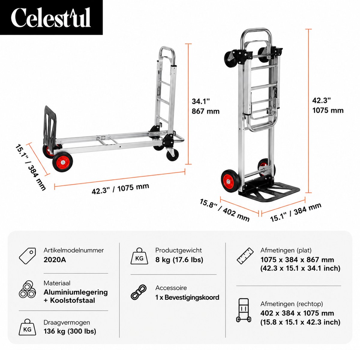 Celestul Steekwagen opvouwbaar Staal - 180 KG Draagvermogen - Transportwagen - Plateauwagen - Steekkar - Met Wielen - Staal