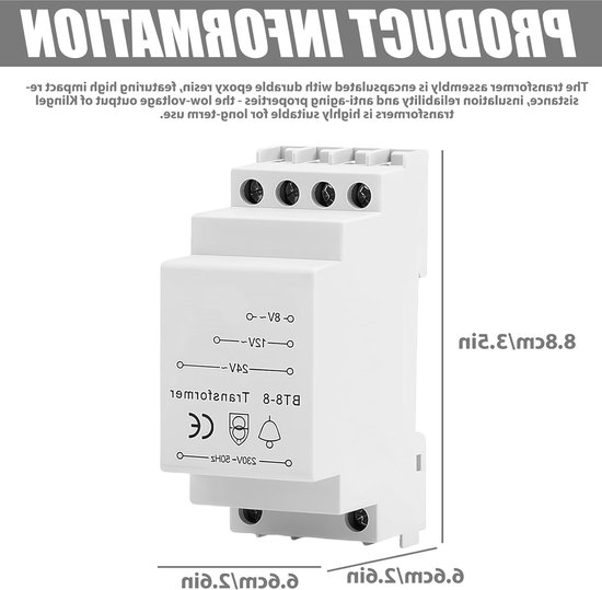 Transformator voor deurbel en chime met lage spanning, 8 V/12 V/24 V, DIN-rail montage, compact en veilig — afbeelding 5