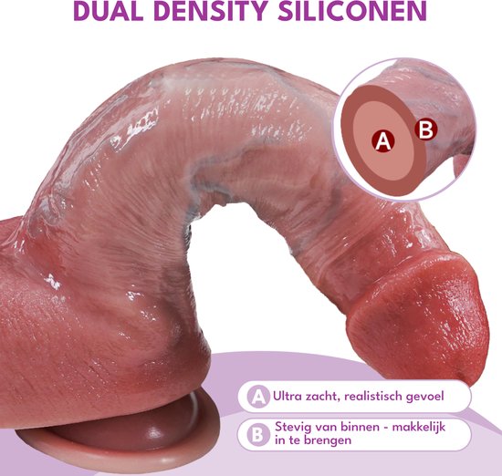 Close-up van realistische roze dildo met dual density siliconen uitleg: A ultra zacht, B stevig.