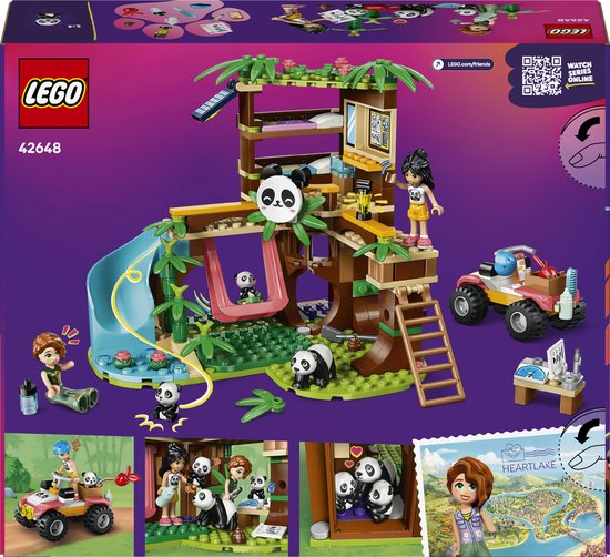 Achterkant van de LEGO Friends Pandaopvang doos met details van de set, minifiguren enpanda's.
