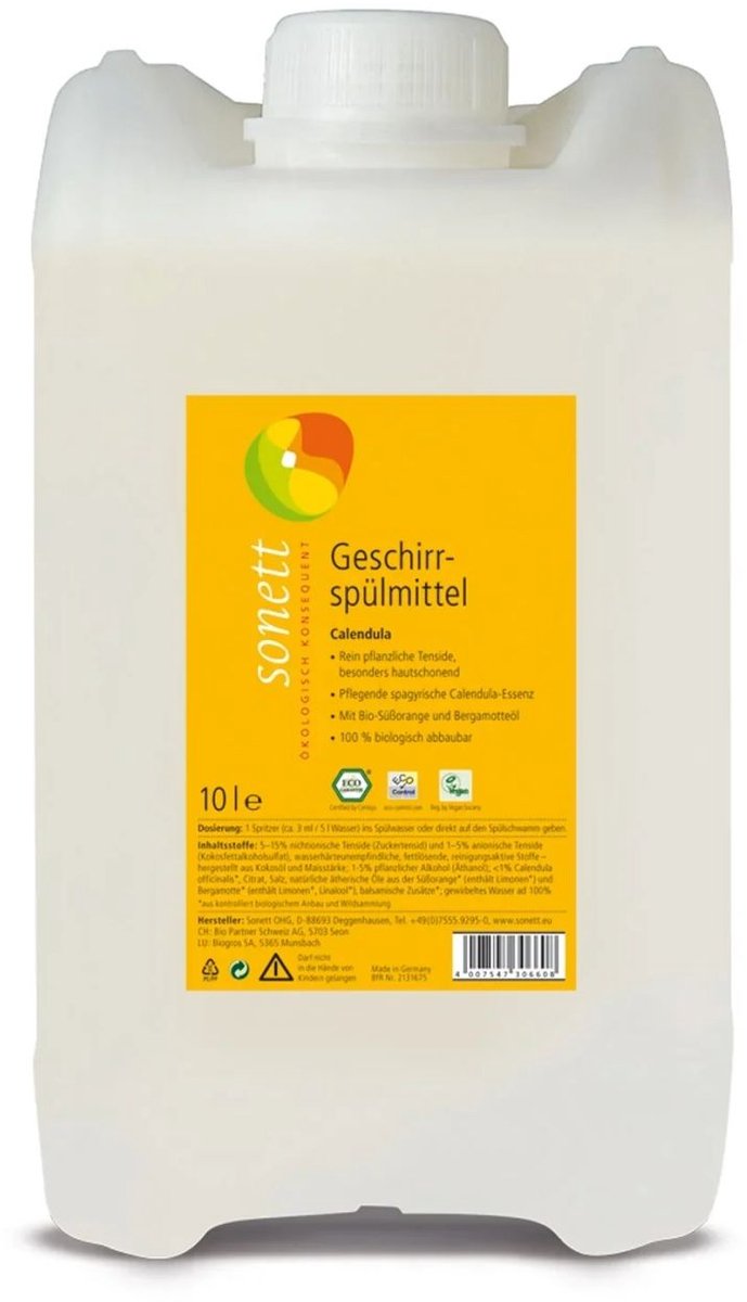 Ecologisch Afwasmiddel Calendula Grootverpakking 10 Liter – Biologisch Afbreekbare Vloeibare Afwasmiddel voor Effectieve Vetverwijdering en Zachte Huidverzorging