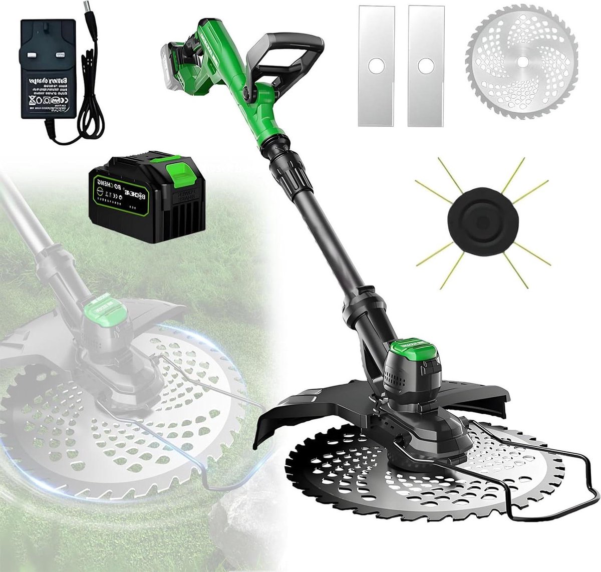 21V Accu Grastrimmer, Elektrische Grastrimmer met 2 X 2.0 Ah accu'S en Laders - Telescopische Verlenging, Draaibare Kop voor Nauwkeurige Gazonranden 1batterie