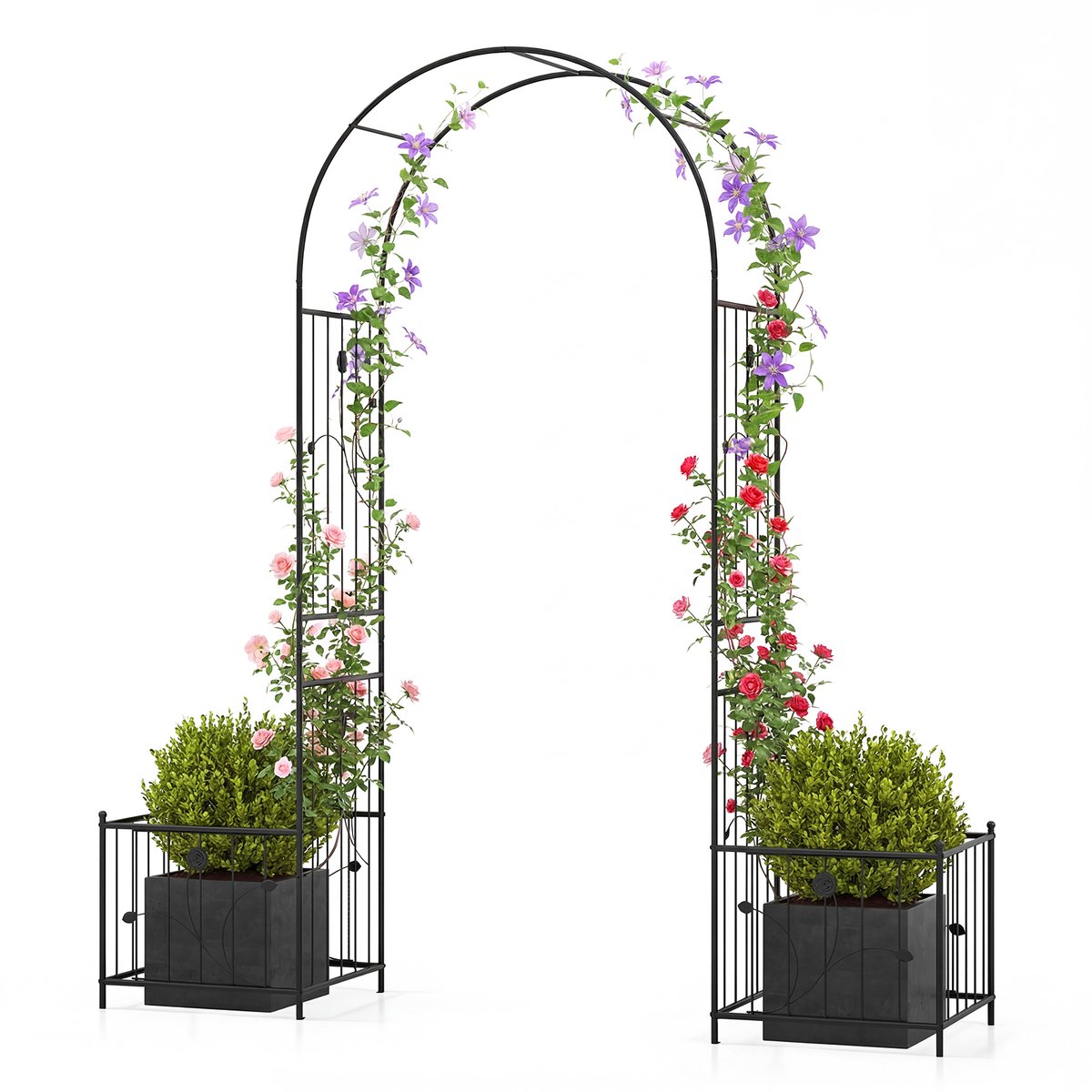 COSTWAY Rozenboog met 2 bloembakken, tuinboog van metaal, stabiel, voor klimplanten, hekwerk met plantenbakken, klimhulp, rankrooster, klimboog, halve boog voor tuin, 198 x 49,5 x 221 cm