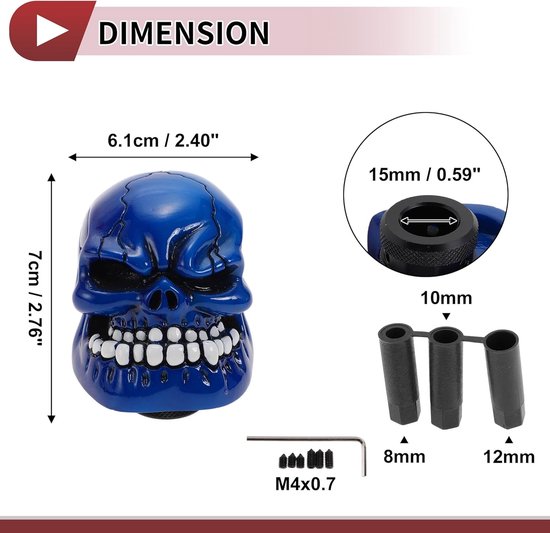 Schedel Versnellingspook Knop - Hars Pookknop - Auto Interieur Personaliseren - Universele Pasvorm met Adapters - 7cm Hoogte - Blauw — afbeelding 3