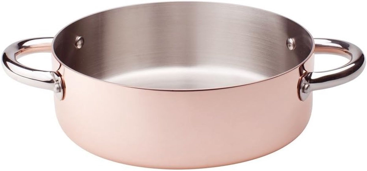 Braadpan met handgrepen Koperen pan Koken met inductie Massieve bodem 28 cm diameter Zilverkleurig