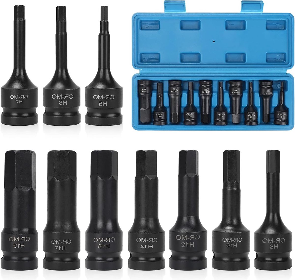 10-delige zeskant steeksleutelset 1/2 inch met 5 mm tot 19 mm, inclusief opbergdoos voor binnenzeskantschroeven en moeren