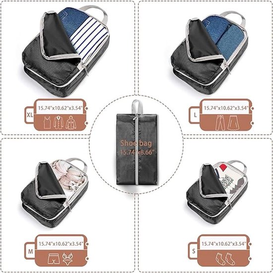 Reis Organizer Set - Koffer Organizers - Ruimte Besparen - Compressie Vacuüm - 4 Delig Set - Zwart Blauw — afbeelding 2
