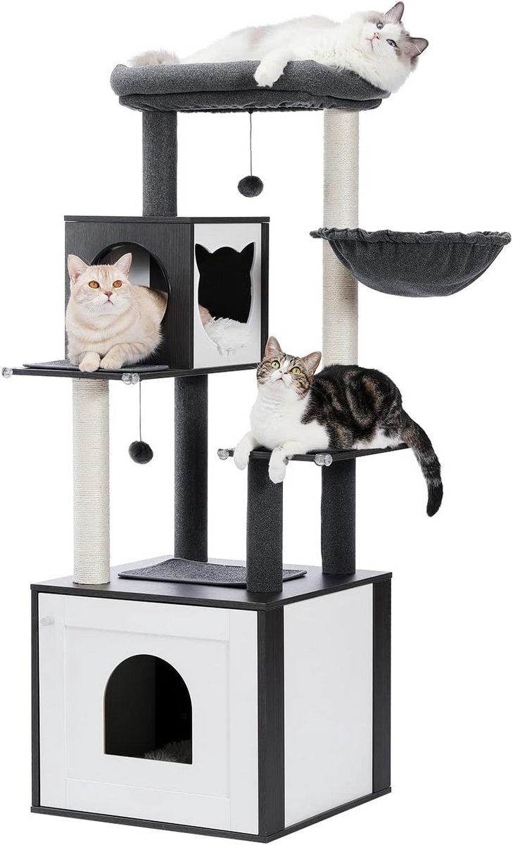 Moderne Houten Kattenboom met Krabpaal, Verborgen Kattenbak en Hangmat