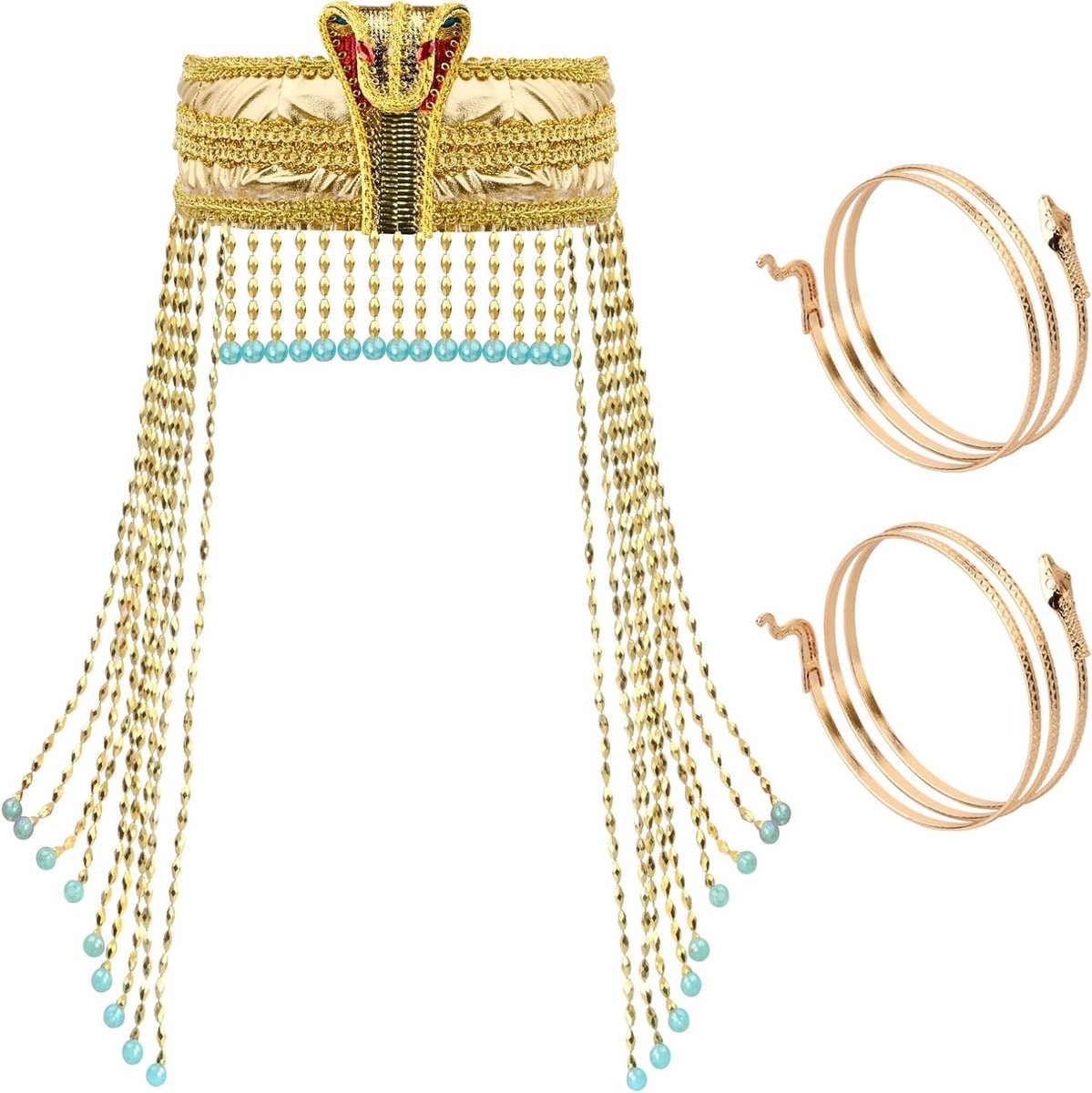 Egyptische Kostuumaccessoires met Hoofdband en 2 Metalen Slangmanchetten voor Vrouwen - Perfect voor Schoolprojecten, Vintage Stijl en Halloween - Set van 3