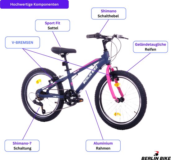 Berlin Bike Grizz kinderfiets 20 inch - 7 Versnellingen - kinderfiets voor 6, 7 en 8 jaar - 20 inch fiets voor jongens en meisjes - roze — afbeelding 5