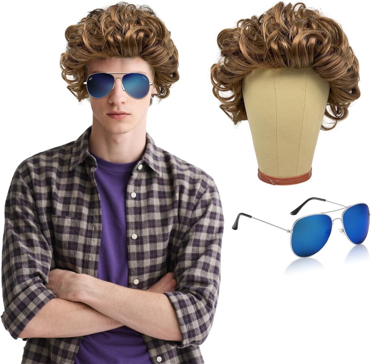 Korte Bruine Krullende Peruk voor Mannen - 70s 80s Disco, Halloween, Cosplay en Feestoutfit
