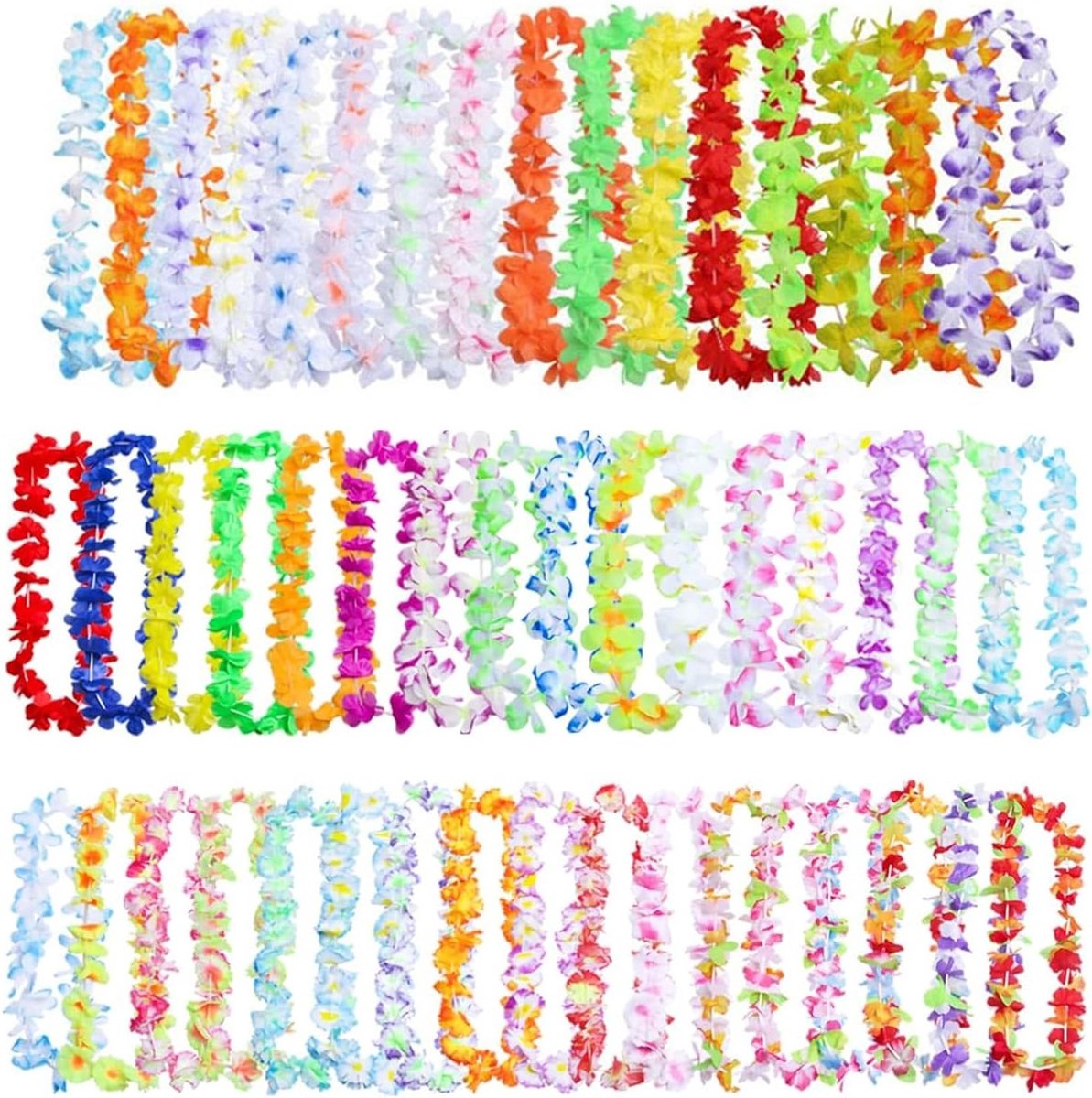 Tropische feestdecoraties met 50 verschillende Hawaiian Leis, kleurrijke bloemenhalskettingen voor strandfeesten, luau en Aloha vakanties