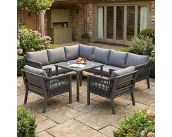 Tuinmeubelset, Tuinset, Eethoek voor 8 Personen, Hoekopstelling, Gegalvaniseerd Ijzer, Glazen Tafelblad, Handgeweven Touwset, Bestaande uit een Eettafel, Twee Fauteuils en een Hoekbank, Grijs