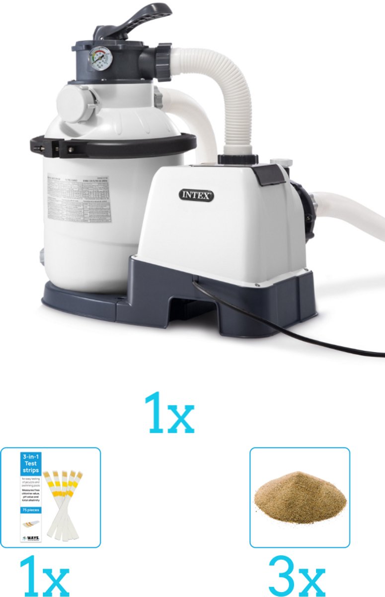 Intex 26644GS Zandfilterpomp - SX1500 - 4000 liter per uur inclusief Filterzand (3 stuks) en Testrips