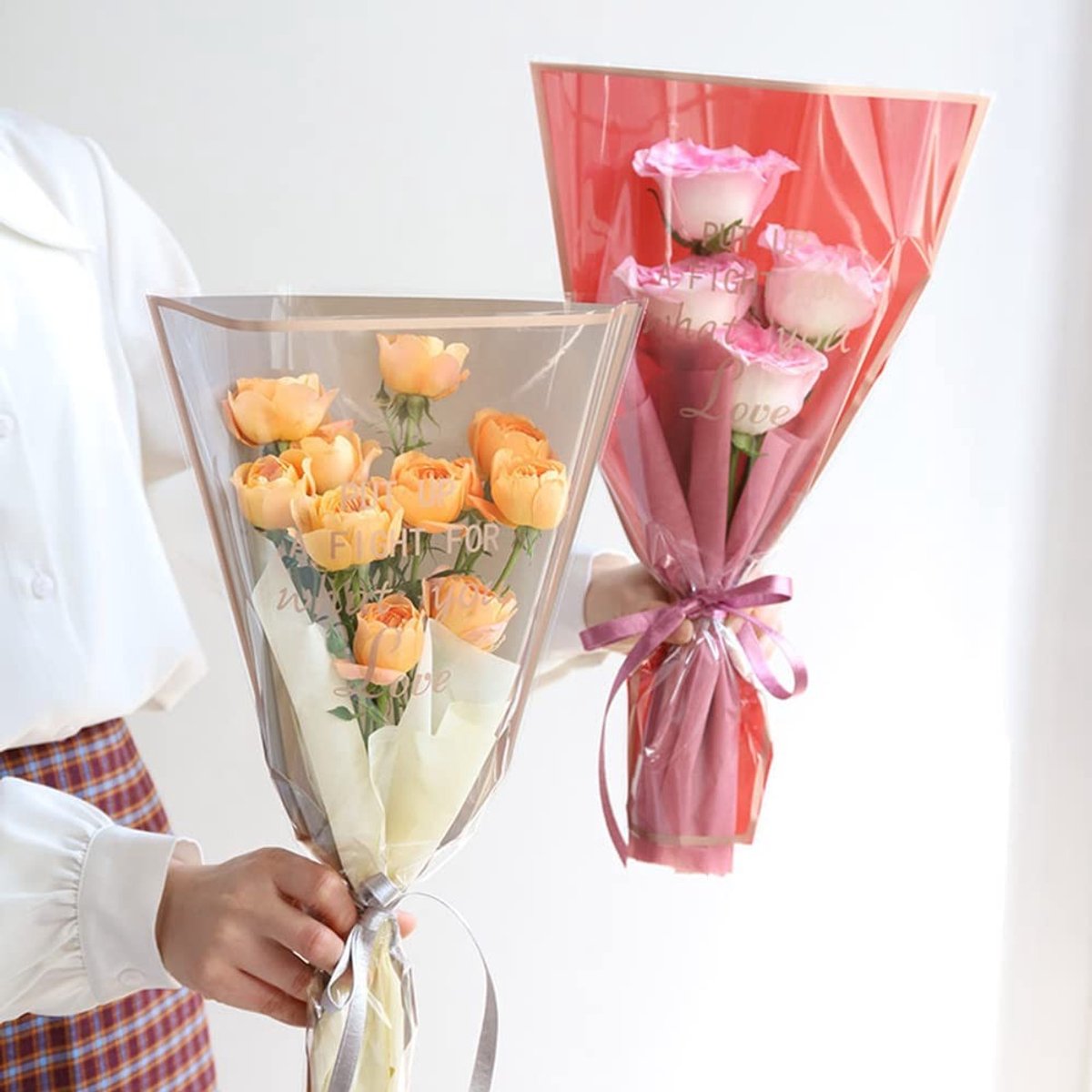 Dailygoods- Bloemen Inpakpapier 100 Stuks - Waterdicht - Gouden Rand - Roze/Grijs - Boeket Verpakking - Stevig Materiaal - Boeketzak