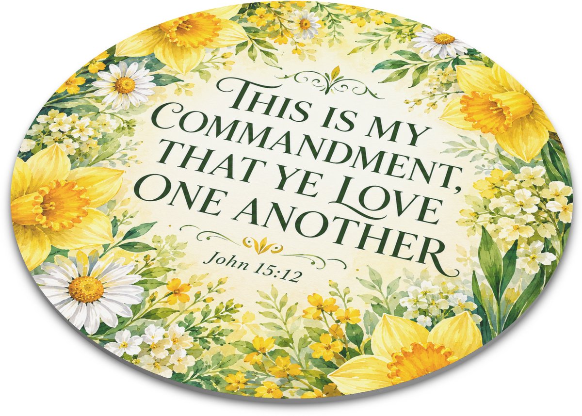 Ronde muismat met bijbeltekst This Is My Commandment – christelijke bloemen aquarel met gele narcissen, madeliefjes en John 15:12