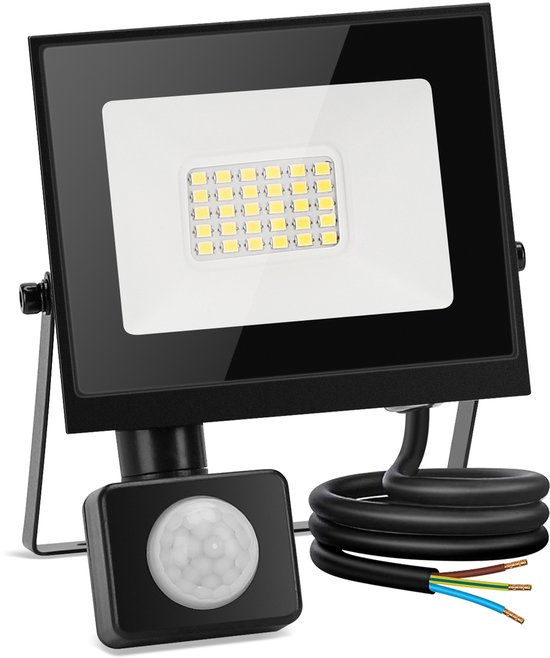 Zwarte buitenlamp met sensor, zicht op de 30 LED's, de sensor en de kabel.