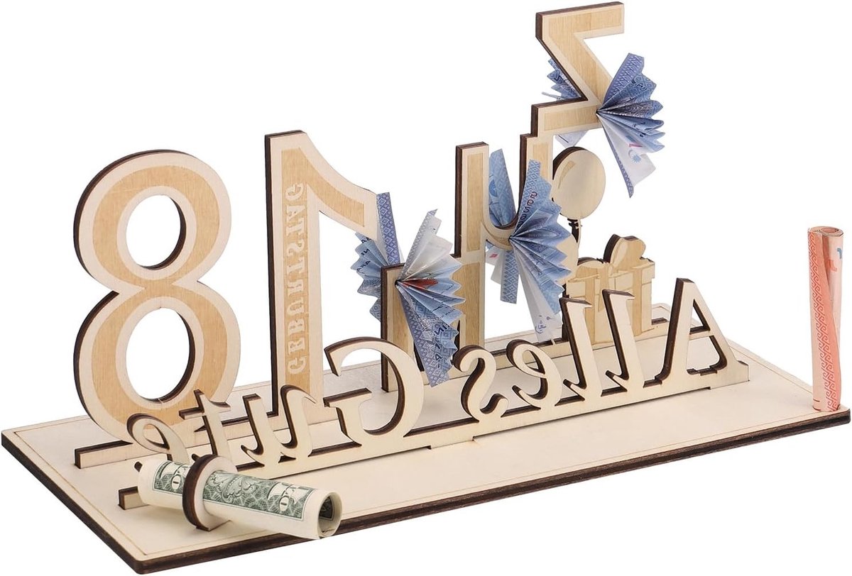 Originele en Grappige Houten Geldcadeaus voor 18e Verjaardag, Creatieve Verjaardagsgeschenken voor Jongens en Meisjes, Unieke Feestdecoratie en Herinneringen