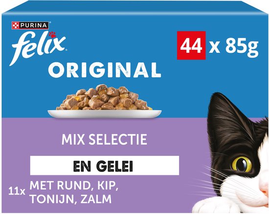 Felix Original in Gelei Mix Selectie - Kattenvoer Natvoer - Rund Kip Tonijn & Zalm - 44 x 85 g