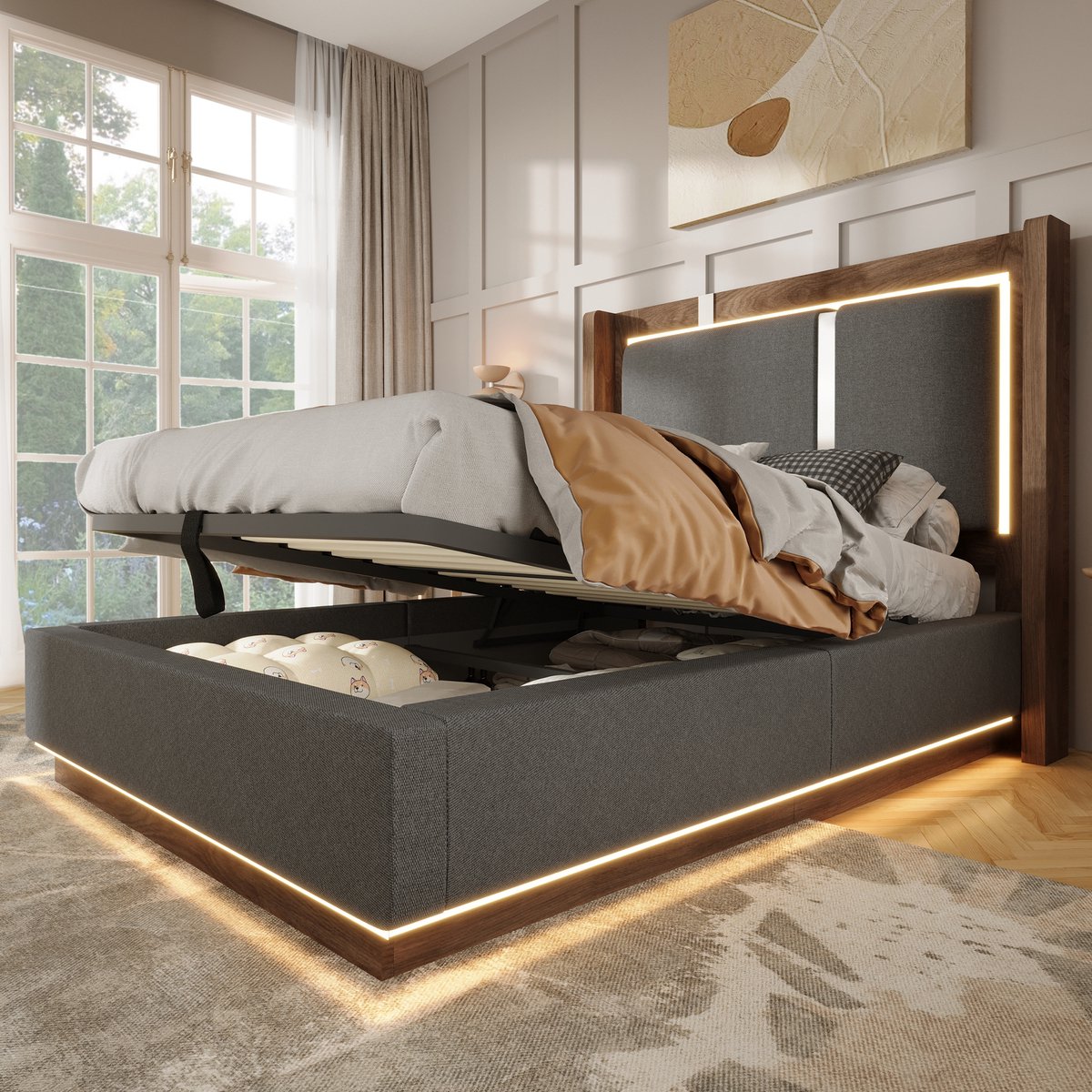 STILVORA Gestoffeerd Bed 90x200 cm – LED & Hydraulische Opbergruimte – Retro Jeugdbed – Linnen Houtlook – Grijs Walnoot – Zonder Matras