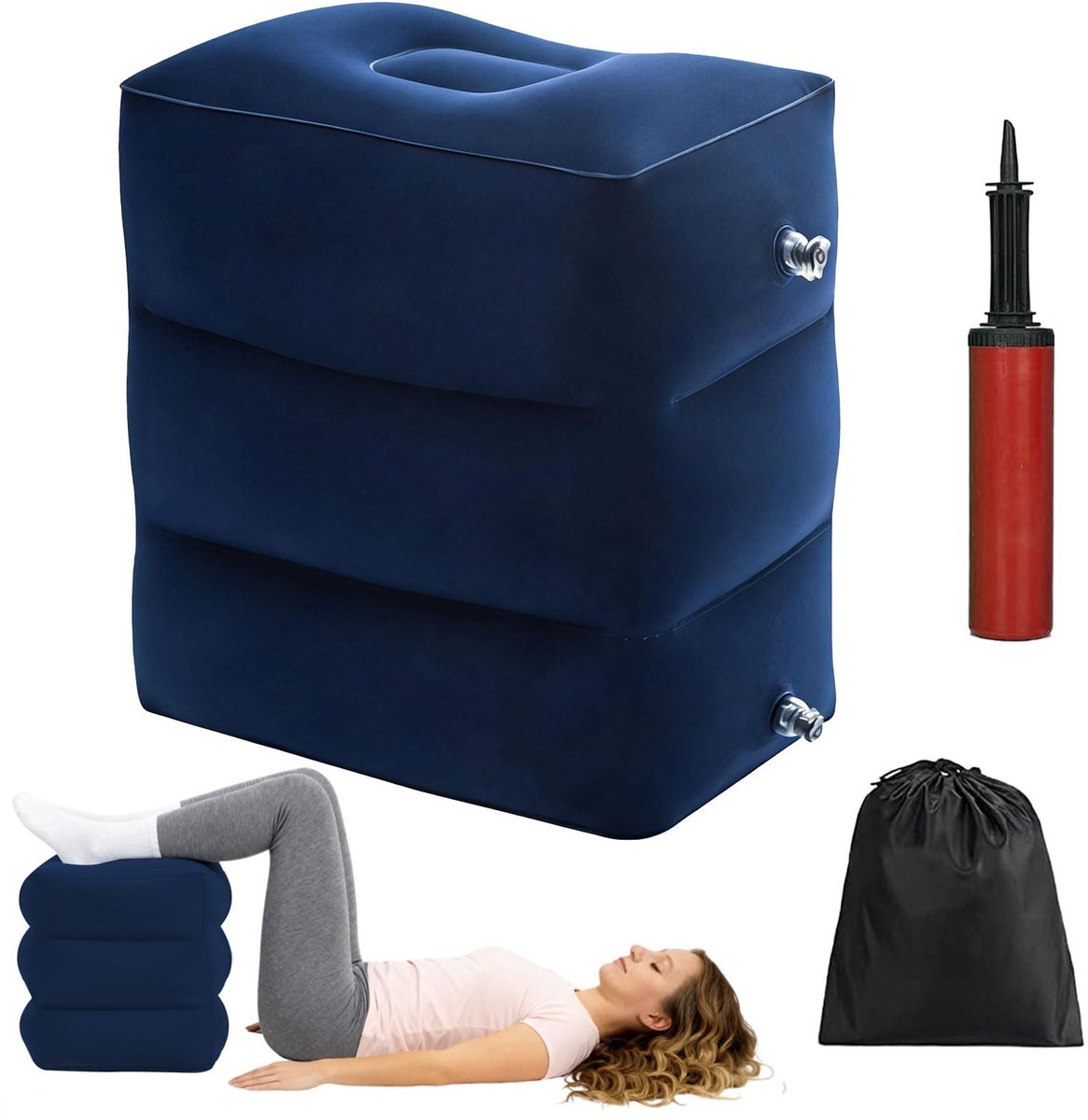 Dailygoods- Tussenwervelschijfkubus 40 x 30 x 40 cm - Opblaasbaar - Beenverhogingskussen - Reisaccessoire - Donkerblauw - Inclusief pomp en opbergtas - Voetkussen