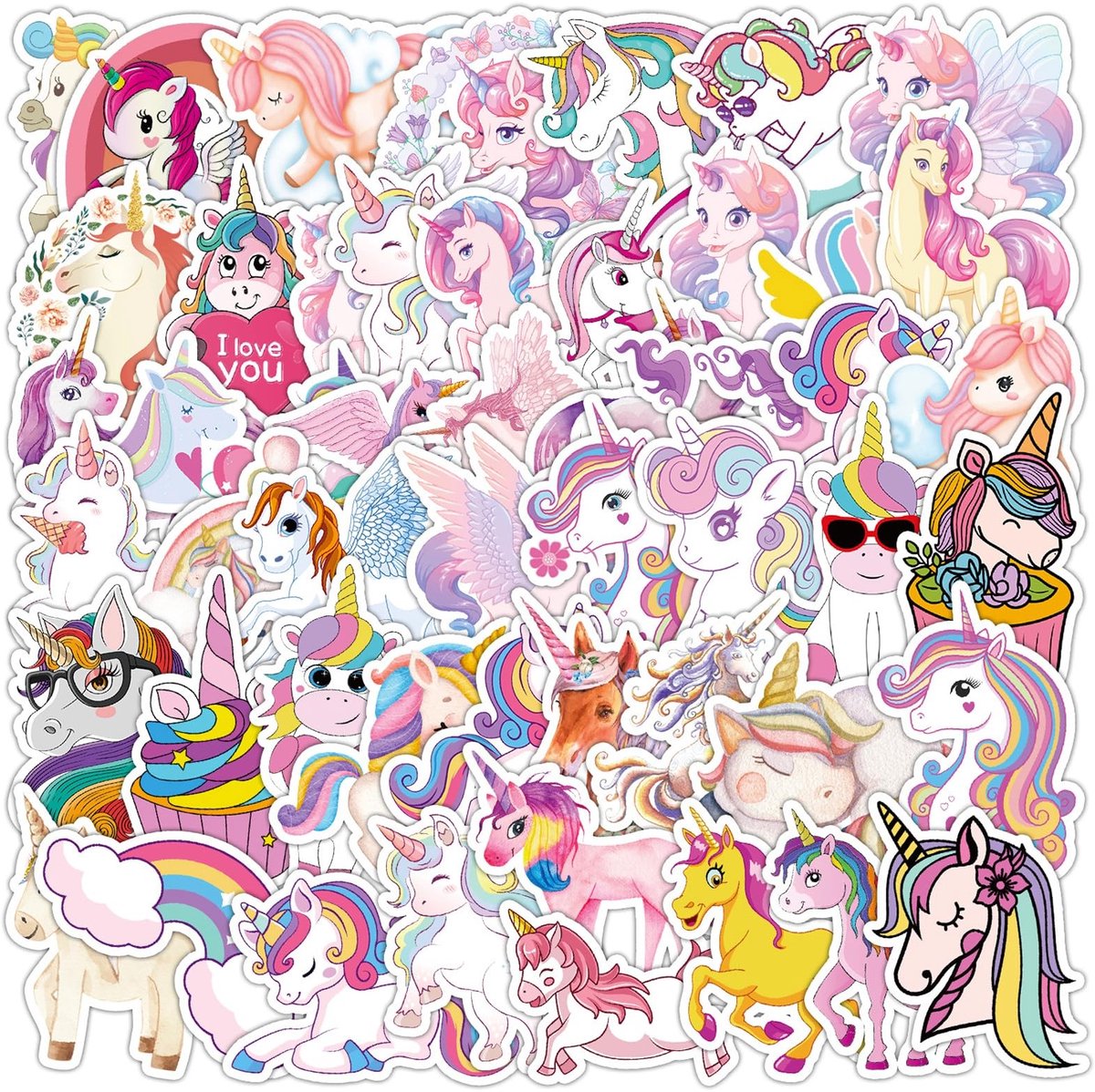 Dailygoods- Eenhoornstickers 50 stuks - Waterbestendige Stickers - Verjaardagsdecoratie - Magische Decoratie - Sprookjesachtige Kunstwerken - 6,5 cm