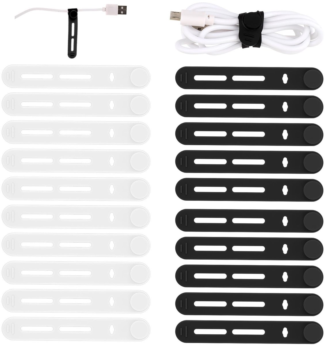 JHUBERS - Herbruikbare kabelbinders - Siliconen koordorganizer - Zwart + wit - Oplaadkabels en oortelefoons - Kabelbeheer - Desk en reisaccessoires