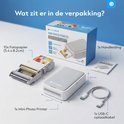 Wat zit er in de verpakking? Mini fotoprinter, 10x fotopapier, 1x handleiding en 1x USB-C oplaadkabel.