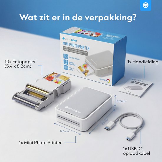 Wat zit er in de verpakking? Mini fotoprinter, 10x fotopapier, 1x handleiding en 1x USB-C oplaadkabel.